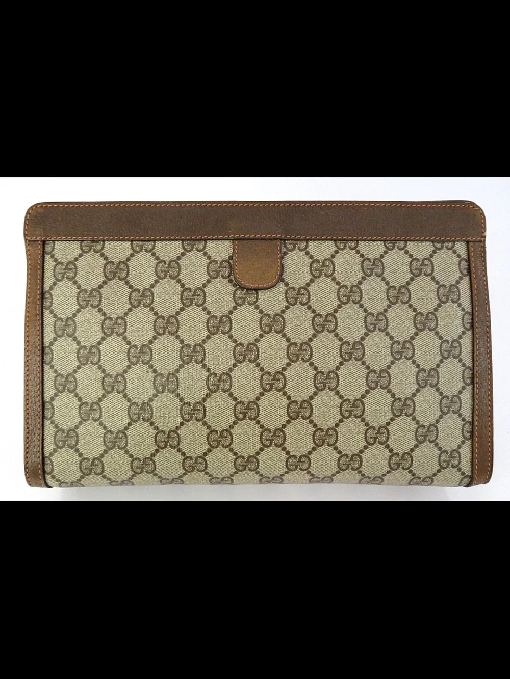 Gucci Beige GG Canvas and Brown Leather Clutch with Green-Red Web